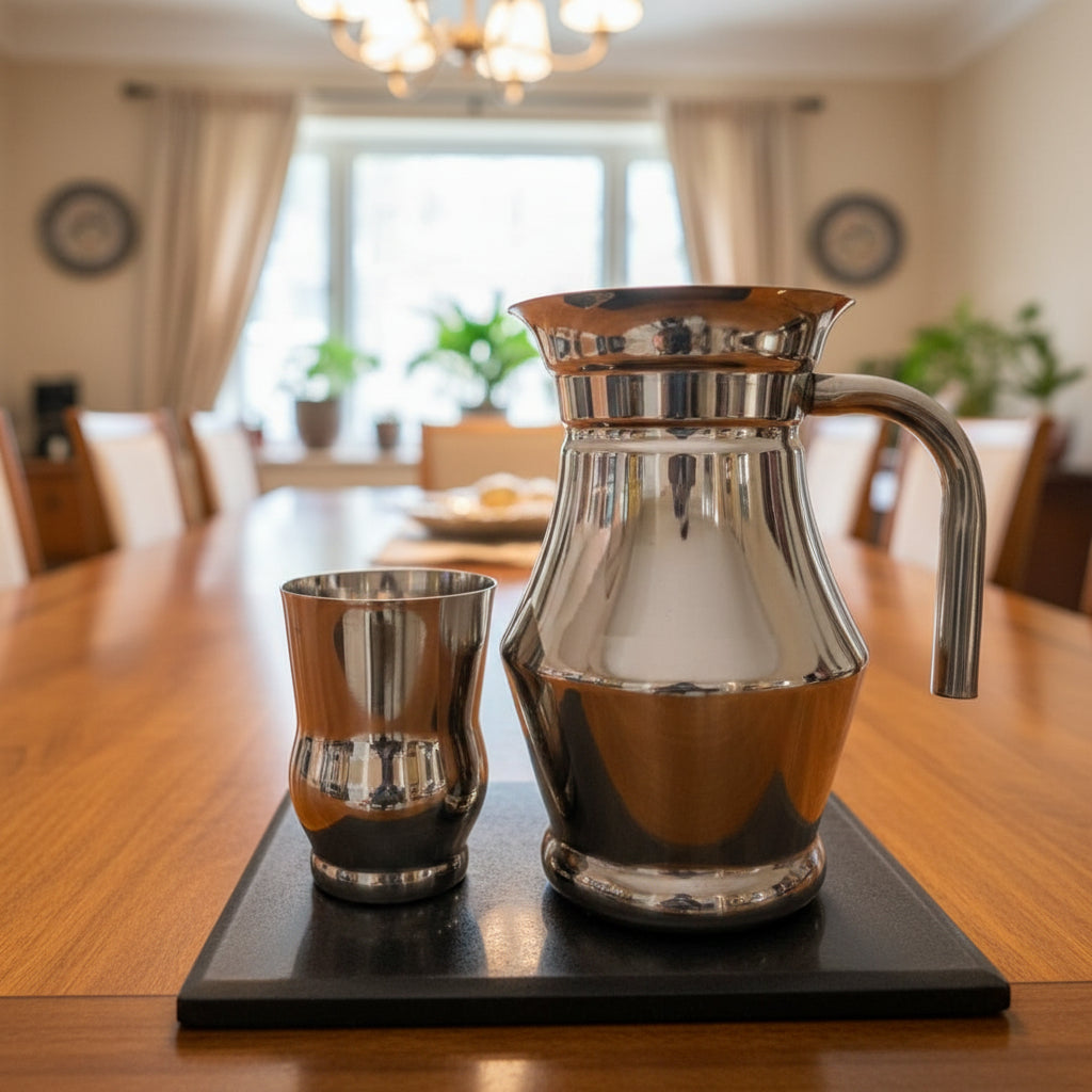 Stainless steel jug and glass serving set - product photo | Saify Homes Pakistan