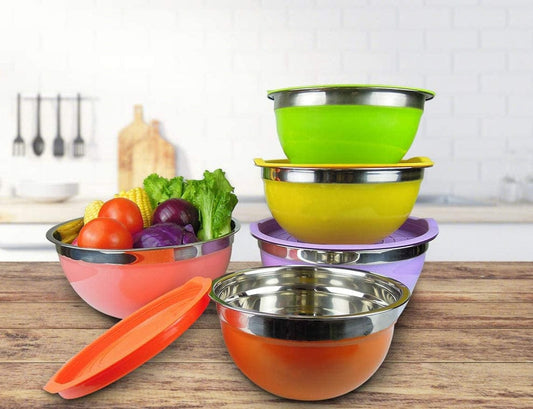 5 piece stainless steel bowl set with colourful lids | Saify Homes