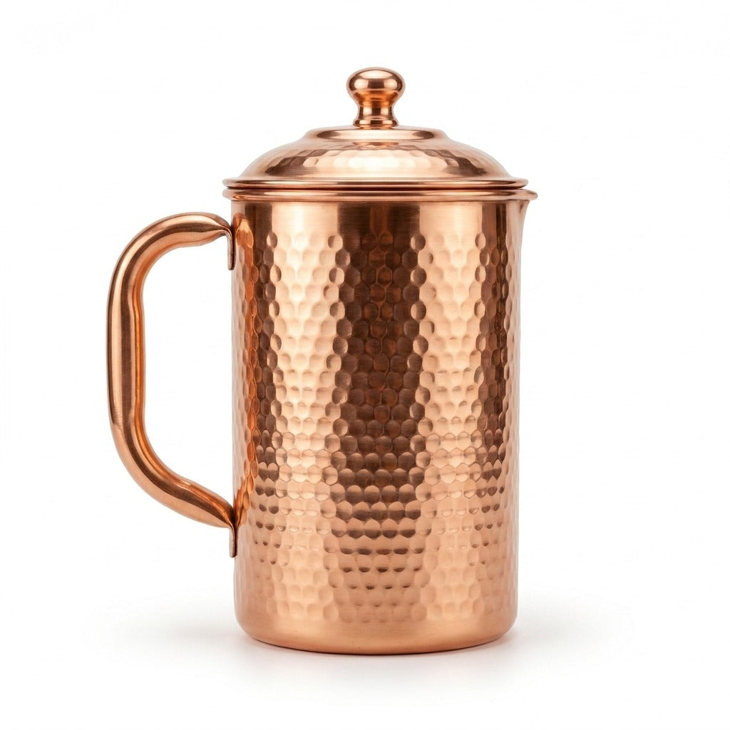 2L Hammered Pure Copper Water Jug with Lid & Side Handle – image 1