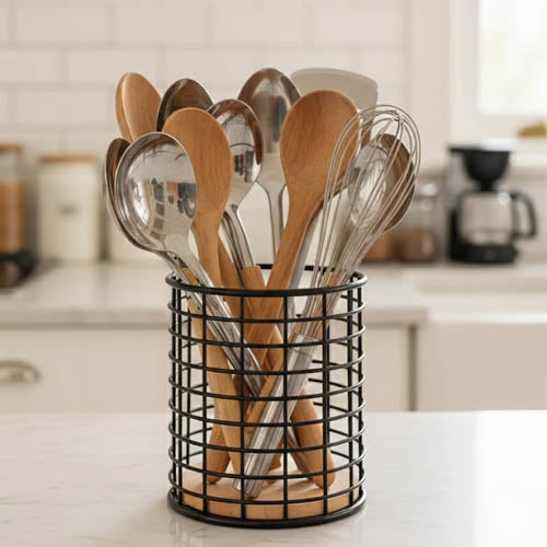 Black metal spoon stand with wooden base | Saify Homes