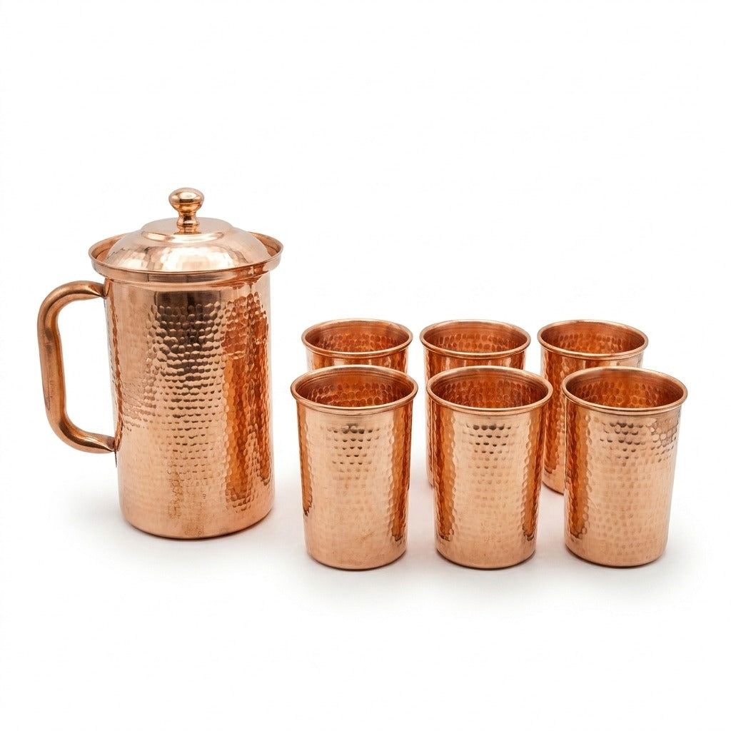 Hammered pure copper water jug 2L with 6 glasses set – Pakistan