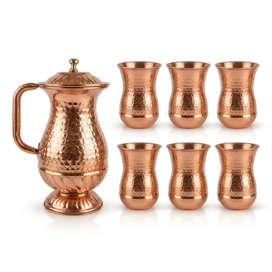 Hammered pure copper water jug 2L with 6 glasses set – Pakistan