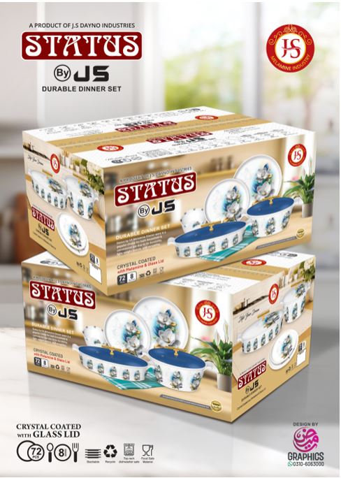 STATUS melamine dinner set 72 pieces for 8 persons with glass lid serving dishes