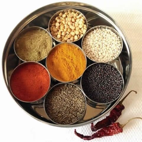 Round stainless steel masala box with steel lid and small spice bowls – photo 2