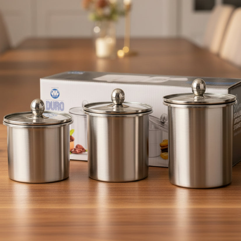 Stainless steel airtight storage jars set of 3 with clear lids | Saify Homes