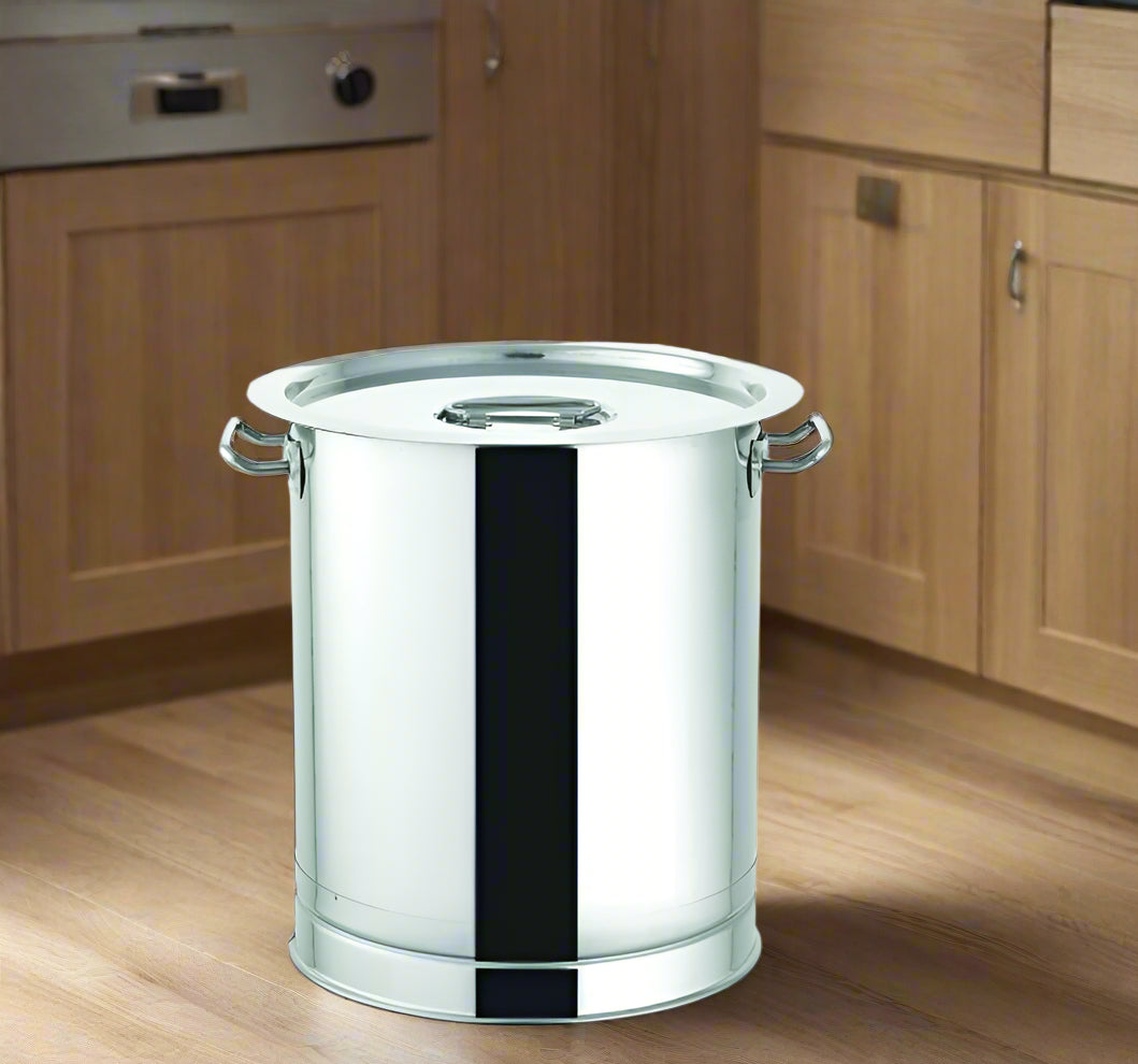 Heavy stainless steel atta drum with lid and side handles | Saify Homes