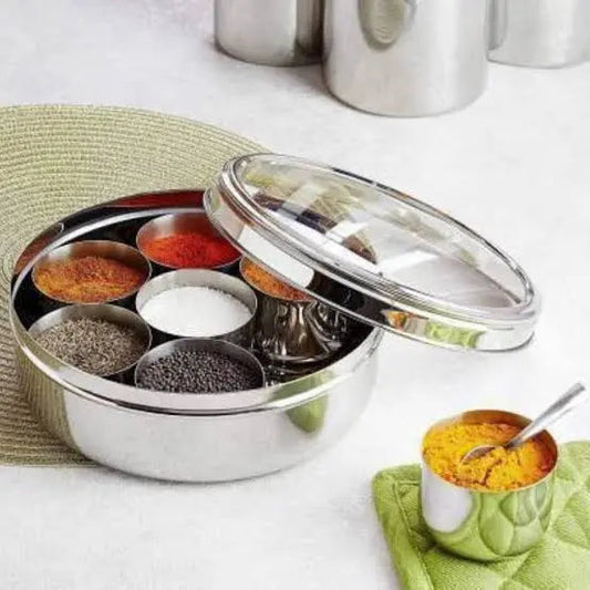 Stainless steel masala box with clear see-through lid and spice bowls | Saify Homes