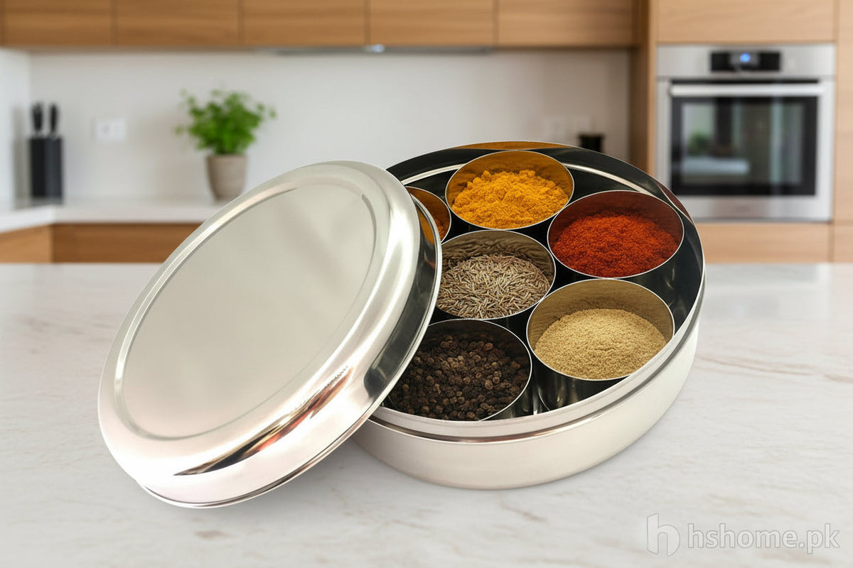 Round stainless steel masala box with steel lid and small spice bowls | Saify Homes
