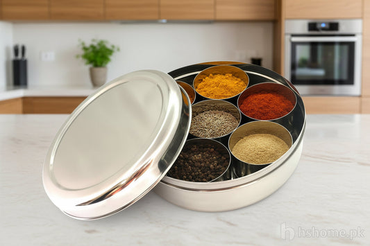 Round stainless steel masala box with steel lid and small spice bowls | Saify Homes