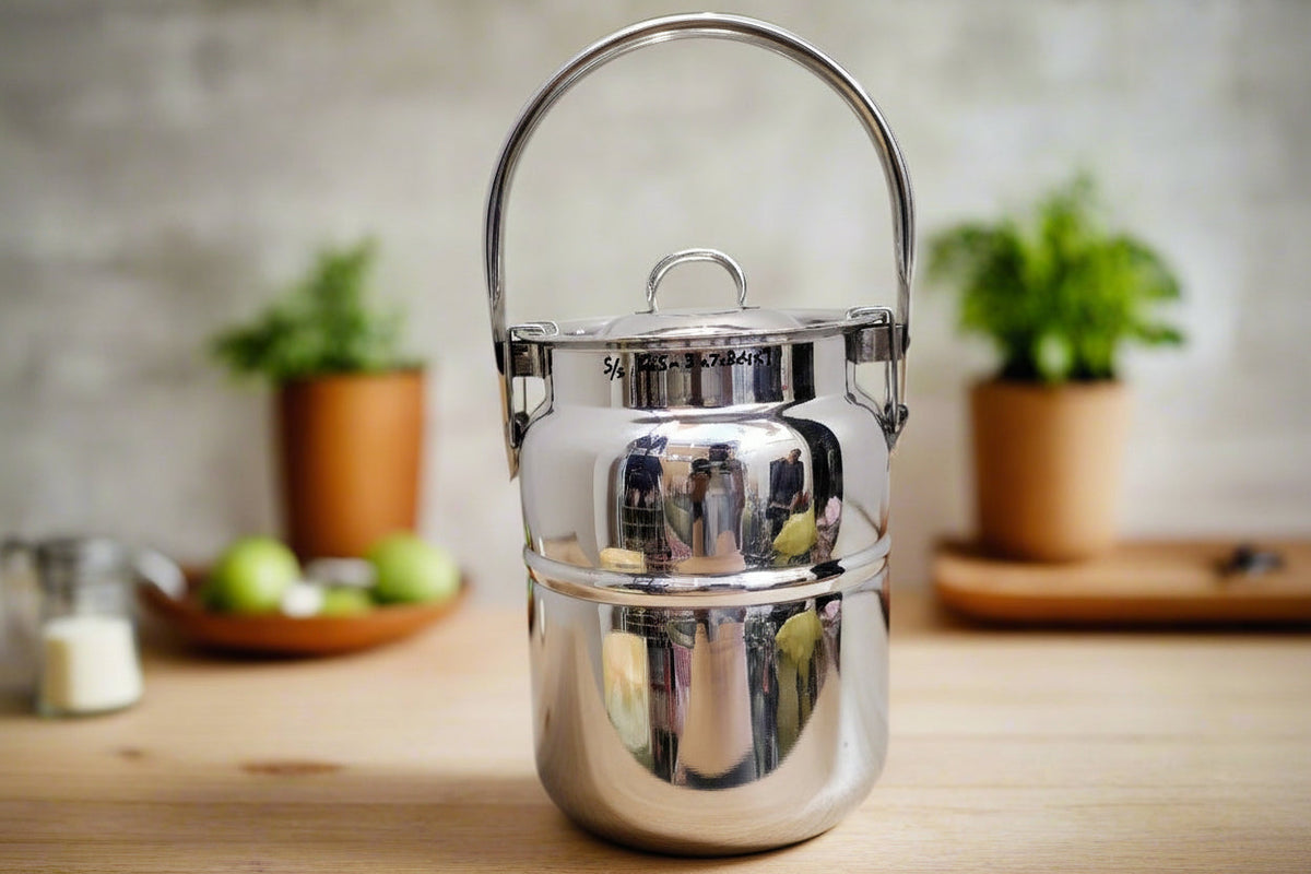 Heavy stainless steel storage drum with lockable lid and overhead handle | Saify Homes