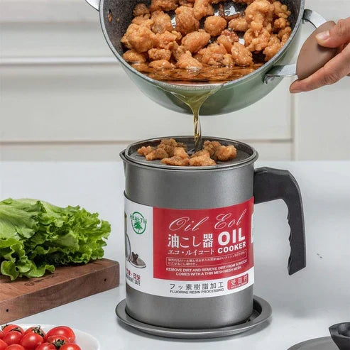 Stainless steel oil filter pot with fine mesh strainer and spout | Saify Homes