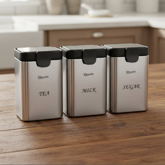 Stainless steel tea sugar and milk canister set of 3 with flip lids | Saify Homes