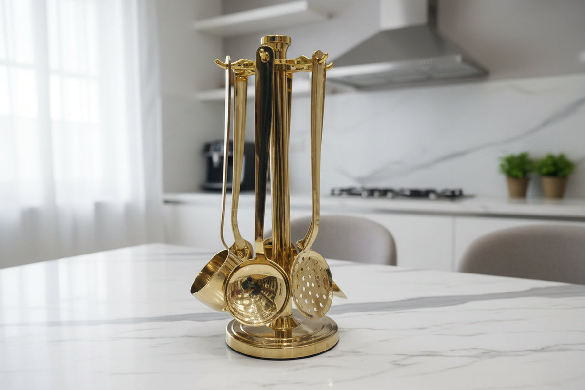 Golden stainless steel kitchen spoon set with stand | Saify Homes